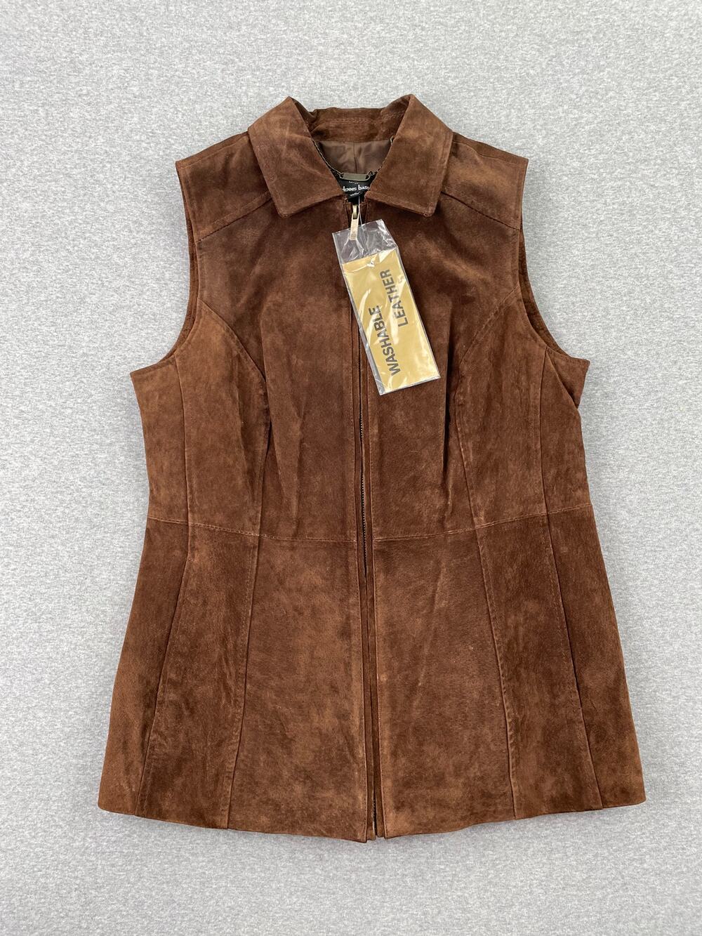 VTG 90s Dennis Basso Leather Vest Womens S Chocolate Brown Full Zip Suede Jacket